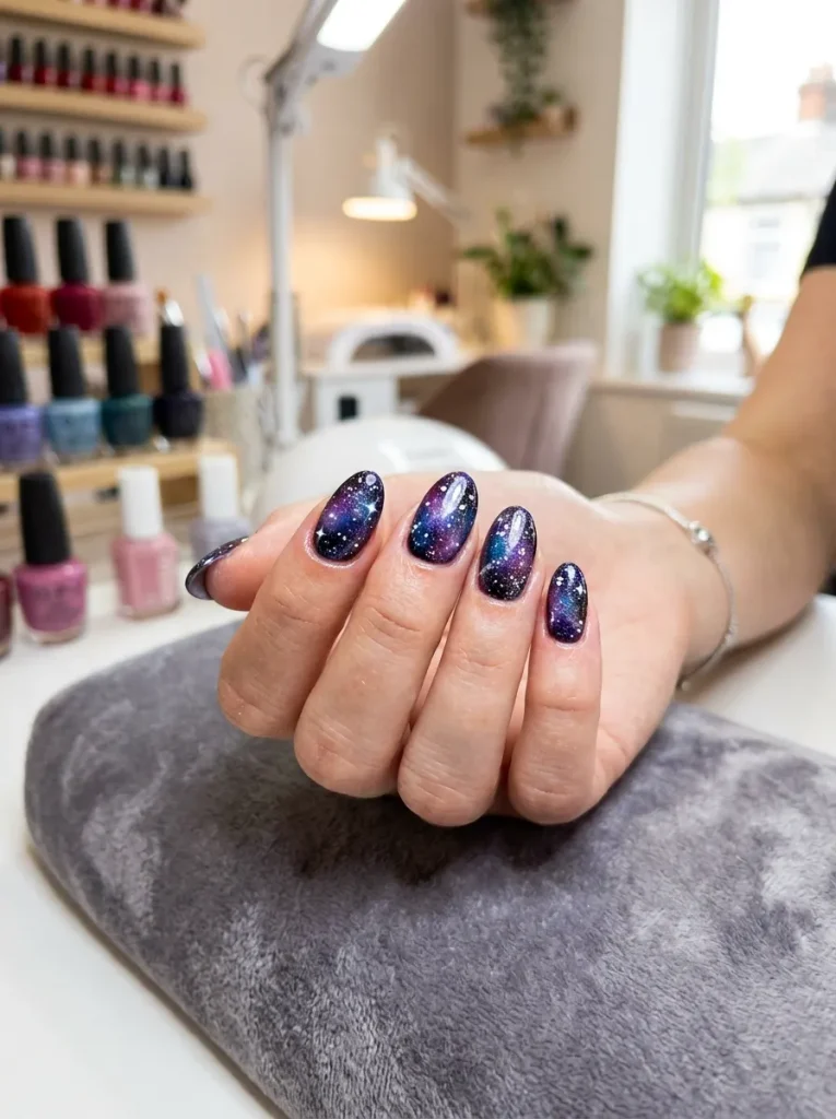 Purple and Black Galaxy Nails