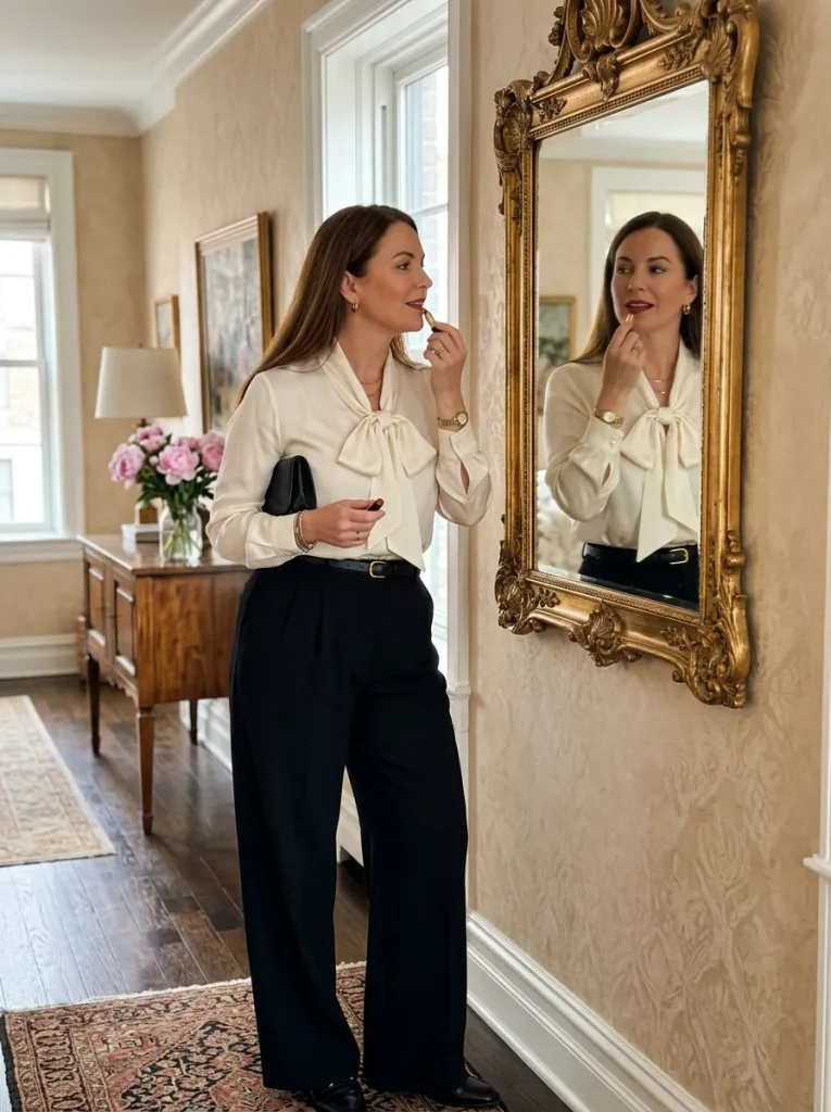 Pussy-Bow Blouse & Wide-Leg Trousers