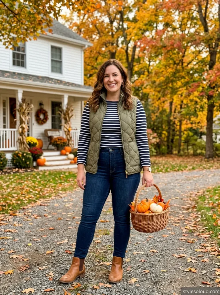 Quilted Fall Puffer Vest Layered over a Breton Striped