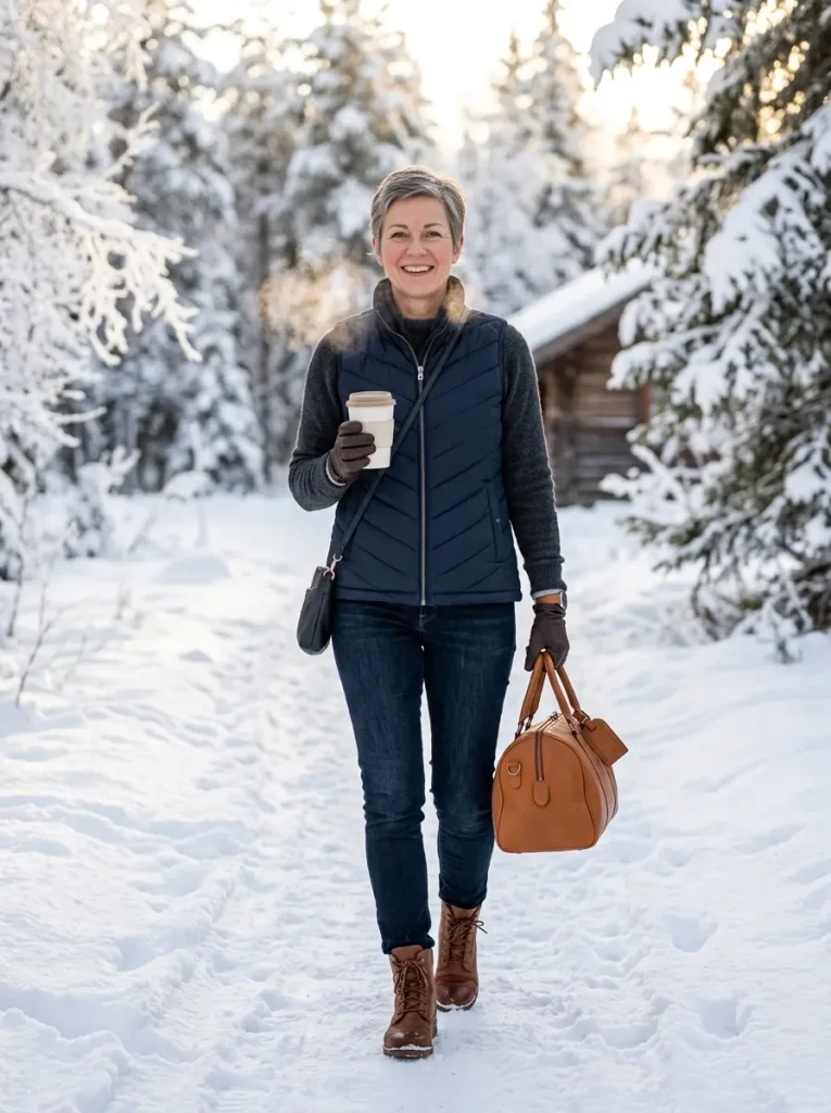A Quilted Vest Over a Fine Knit for the In-Between Cold