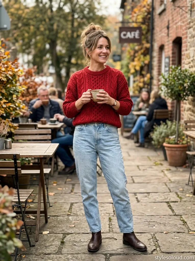 Red Fisherman Sweater & Relaxed Mom Jeans