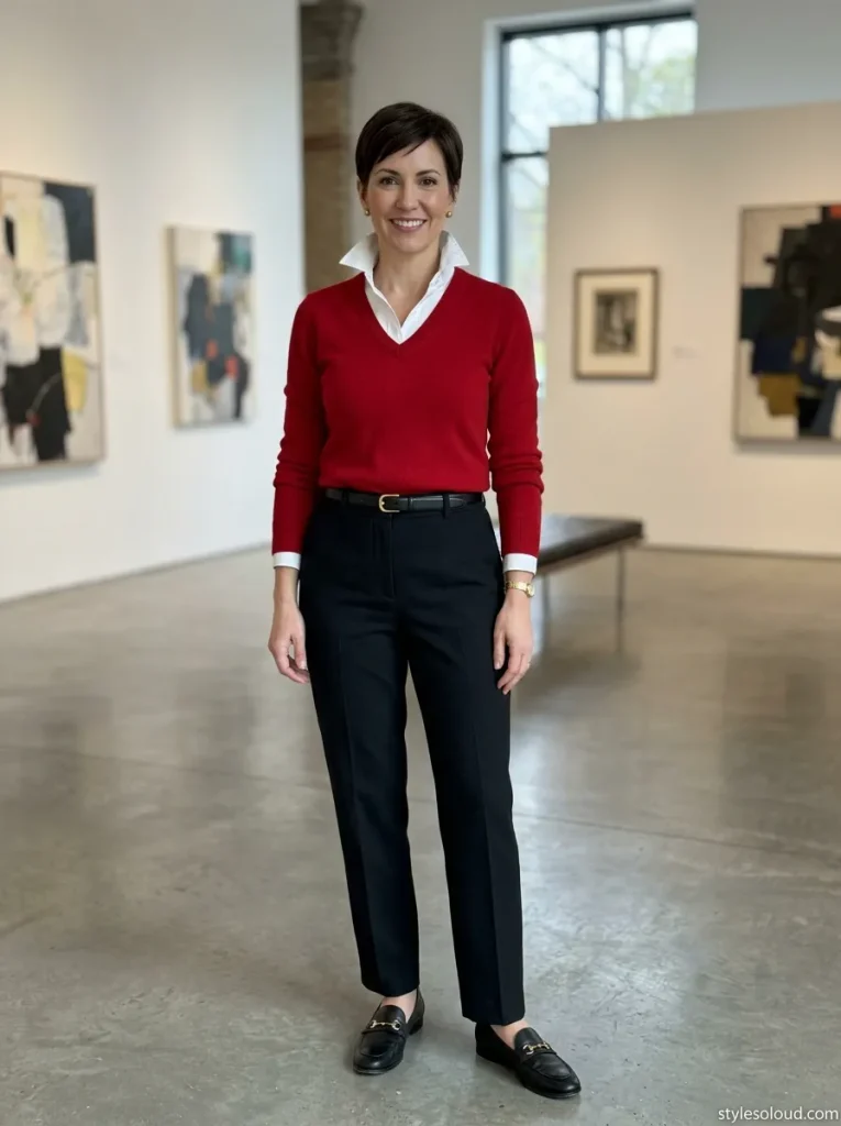 Red V-Neck Cashmere Sweater Over a Crisp Poplin Shirt