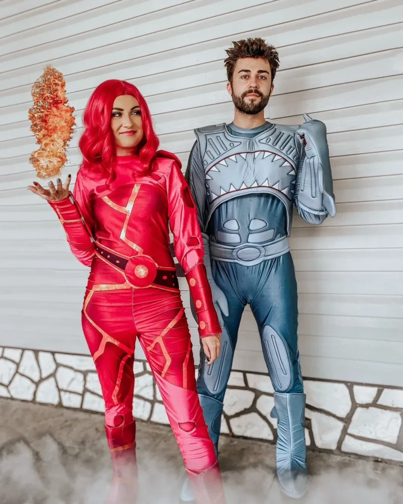 Red and Grey Superhero Bodysuits for the Couple