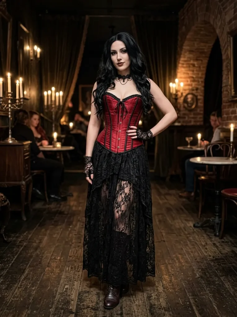 A Red Corset With Black Lace Skirt
