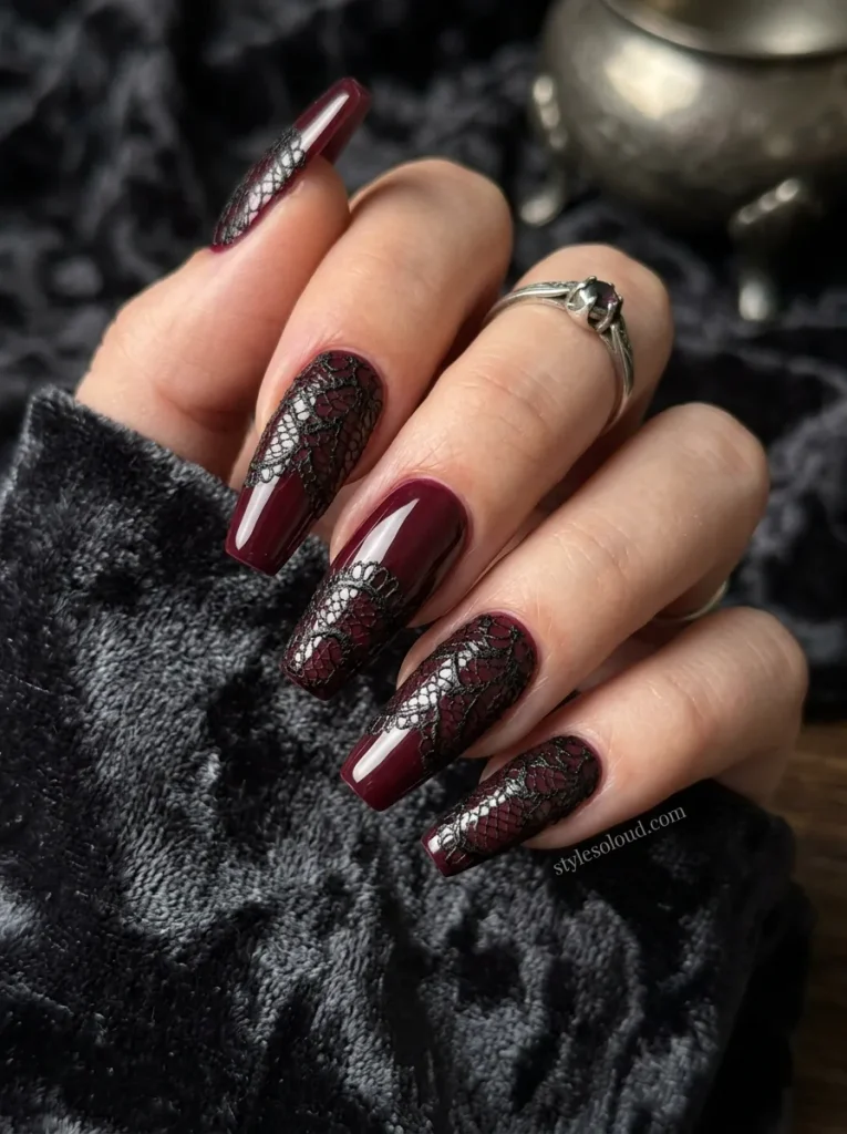 Regal Bordeaux Wine Nails with Black Lace Overlay
