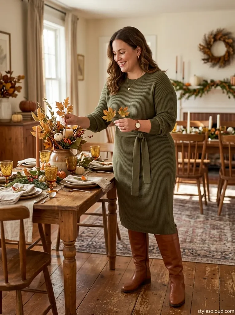 Ribbed Knit Midi Sweater Dress with a Removable Tie Belt