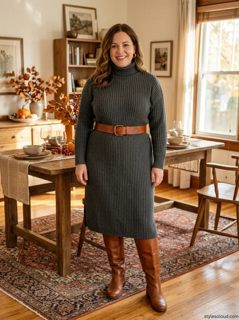 Ribbed Knit Turtleneck Sweater Dress with a Structured Leather Belt & Cognac Riding Boots