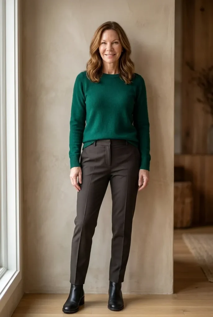 Rich jewel tone — emerald green sweater Winter Outfits for women over 40