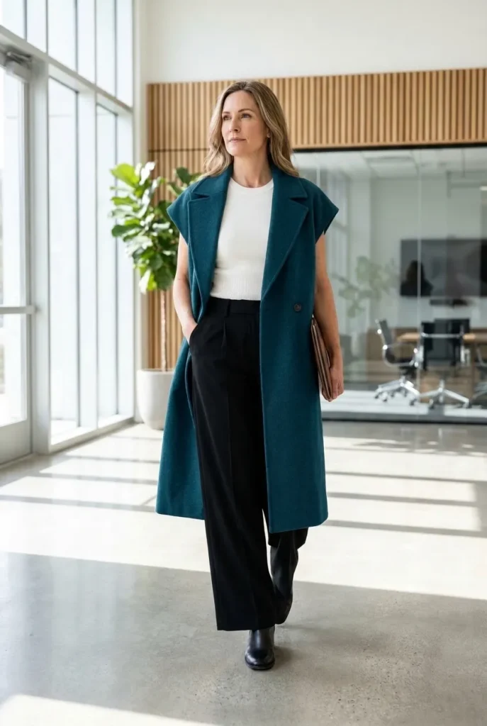 Right length for height — deep teal vest coat 