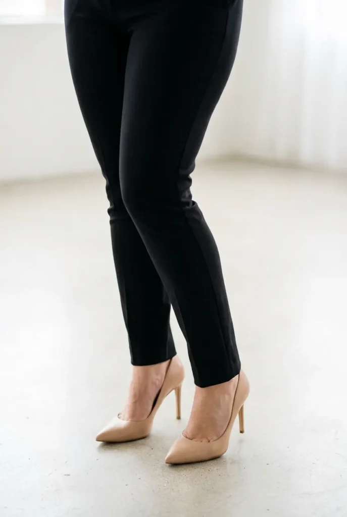 Right shoe to lengthen legs — nude heel, black trousers