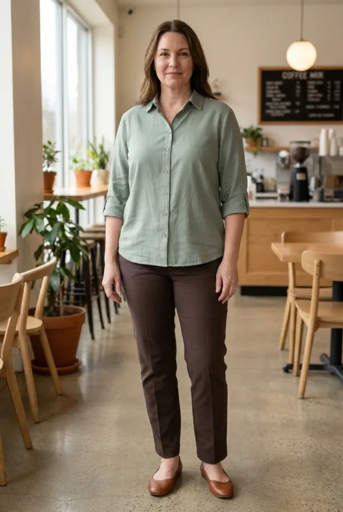 Roll sleeves for width lower down — soft sage green