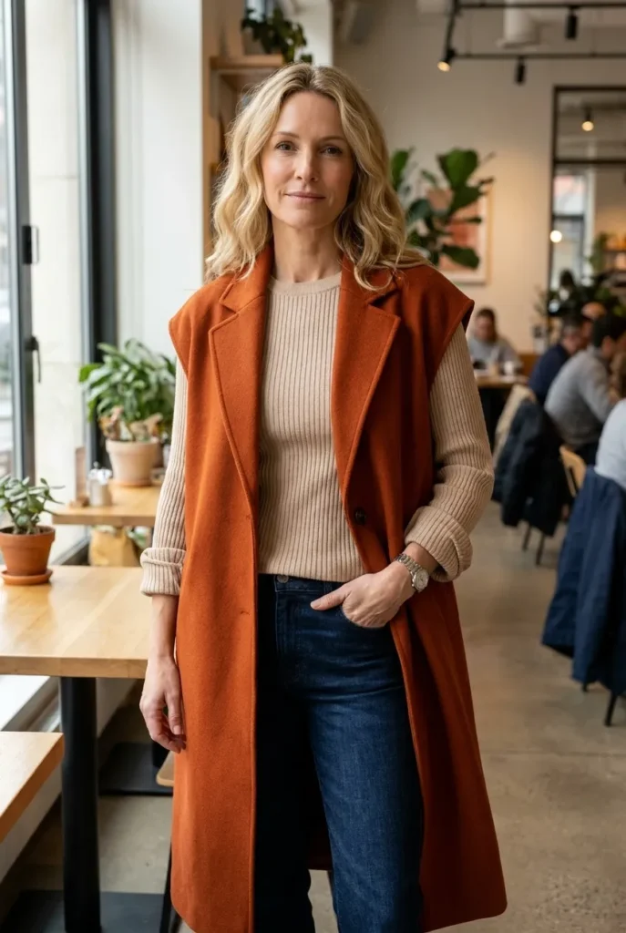 Rolled sleeve underneath — rust orange vest coat 