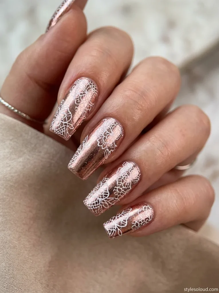 Rose Gold Chrome Foil with White Stamped Lace