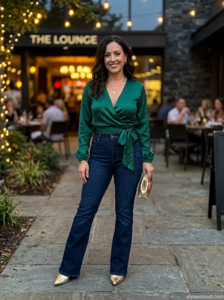 Satin Wrap Blouse & Flare Jeans
