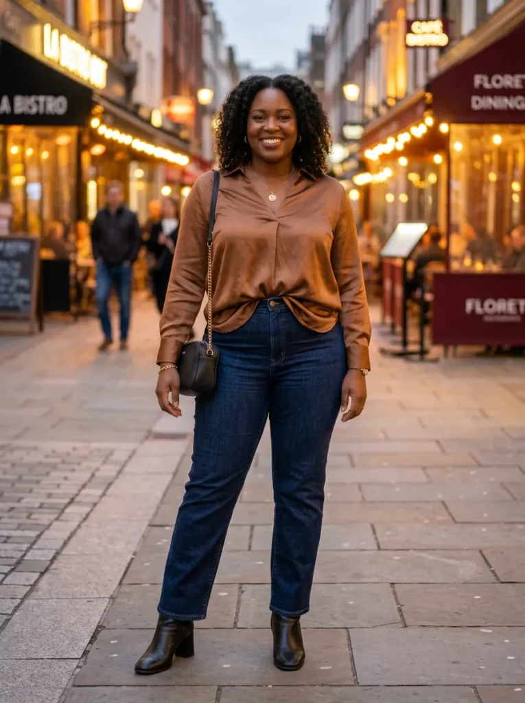 A Satin Blouse With Dark Denim, Dressed Up