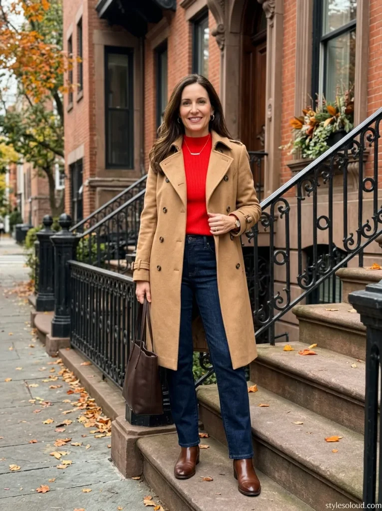 Scarlet Mock-Neck Sweater & Tailored Camel Trench Coat