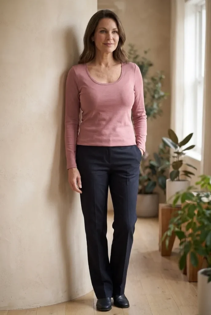  Scoop neck over a high crew — dusty rose pink