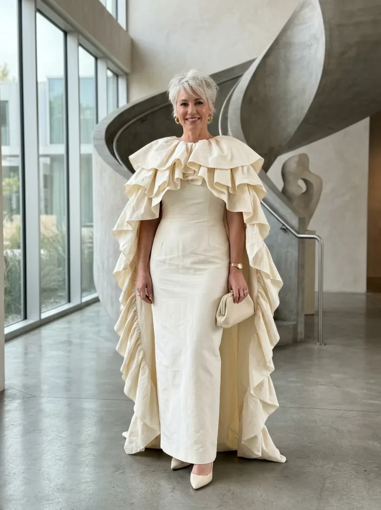 Sculptural Ruffled Cape Gown