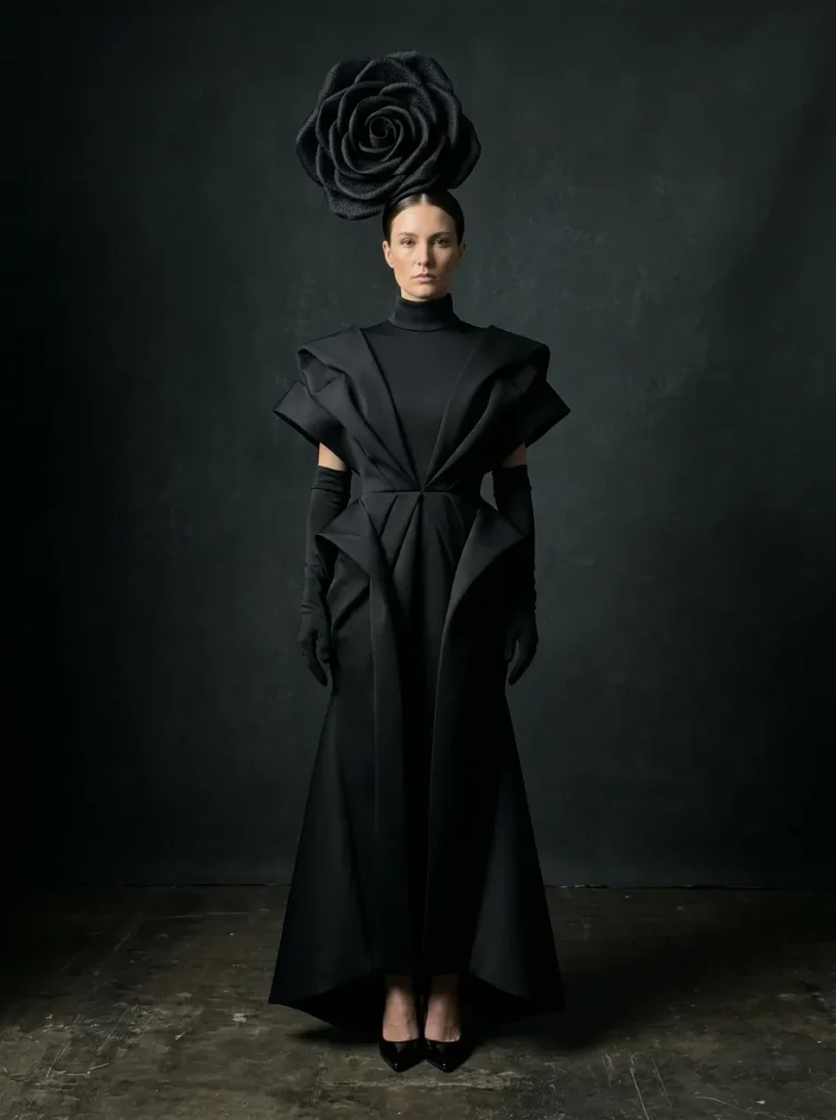 A Sculptural Black Gown With a Rosette Headpiece