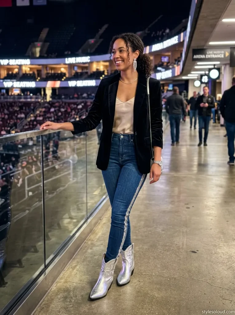 Sequin-Stripe Jeans & Velvet Blazer