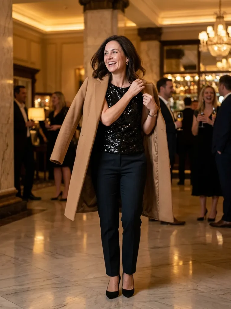 Sequin Top Under Plain Coat