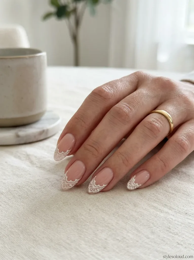 Sheer French Tips with Delicate Lace Trim
