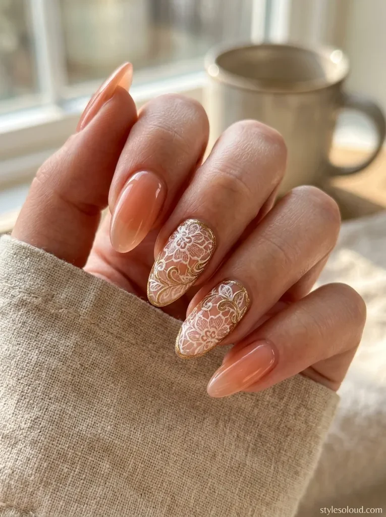 Sheer Peach Jelly with Gold-Outlined Lace