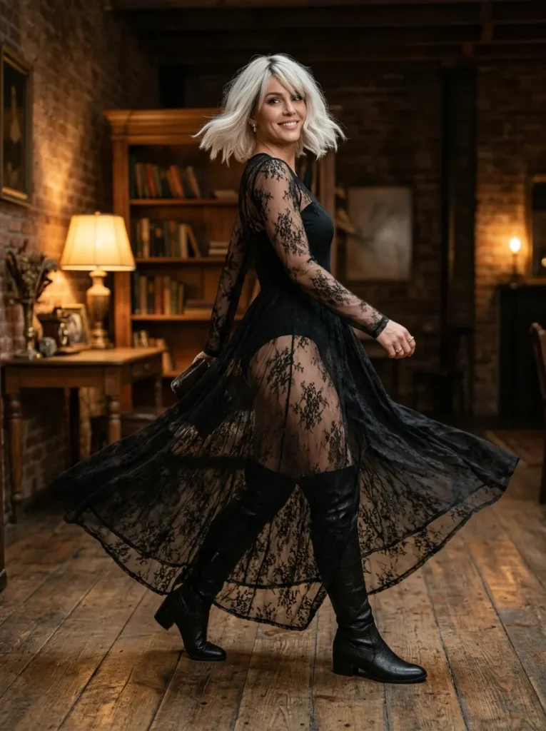 A Fully Sheer Lace Dress Over a Bodysuit