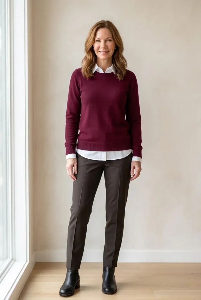 Shirt under a sweater — white shirt, burgundy sweater Winter Outfits for women over 40