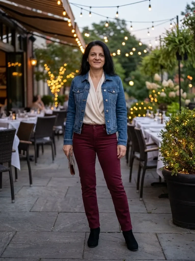 Silk Blouse + Denim Jacket (BurgundyWine Jeans) 