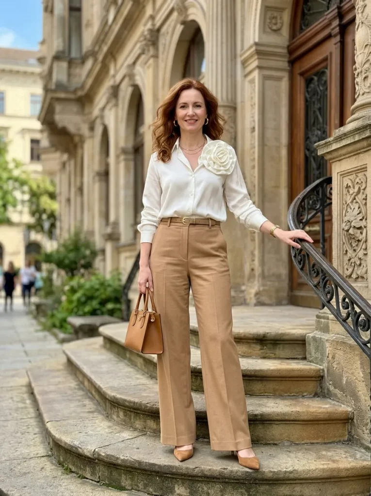 Silk Blouse with 3D Rosette & Camel Trousers