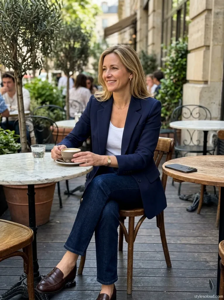  Single-Breasted Notch-Lapel Blazer with Dark Indigo Jeans