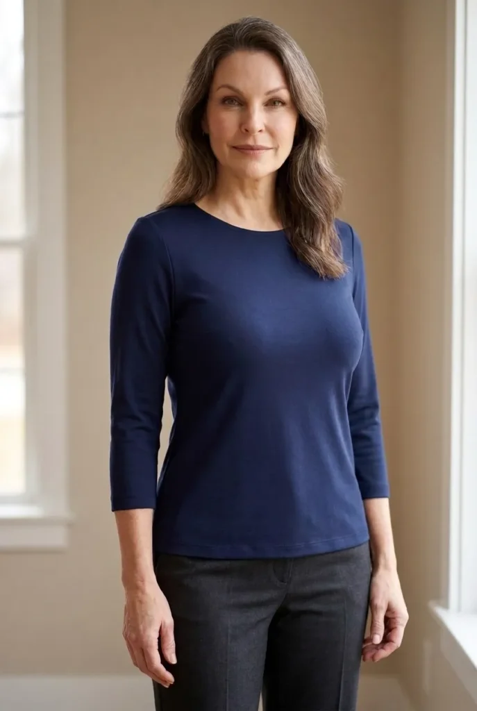 Skip busy bust details — clean navy top 