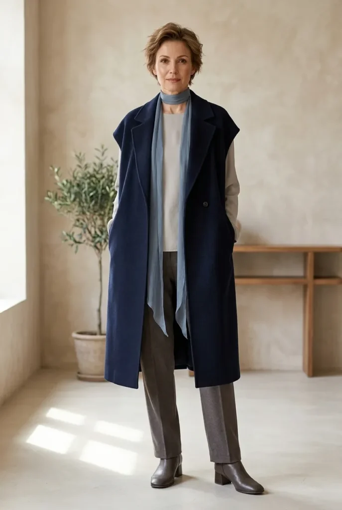 Skip the chunky scarf — navy vest coat with a slim scarf