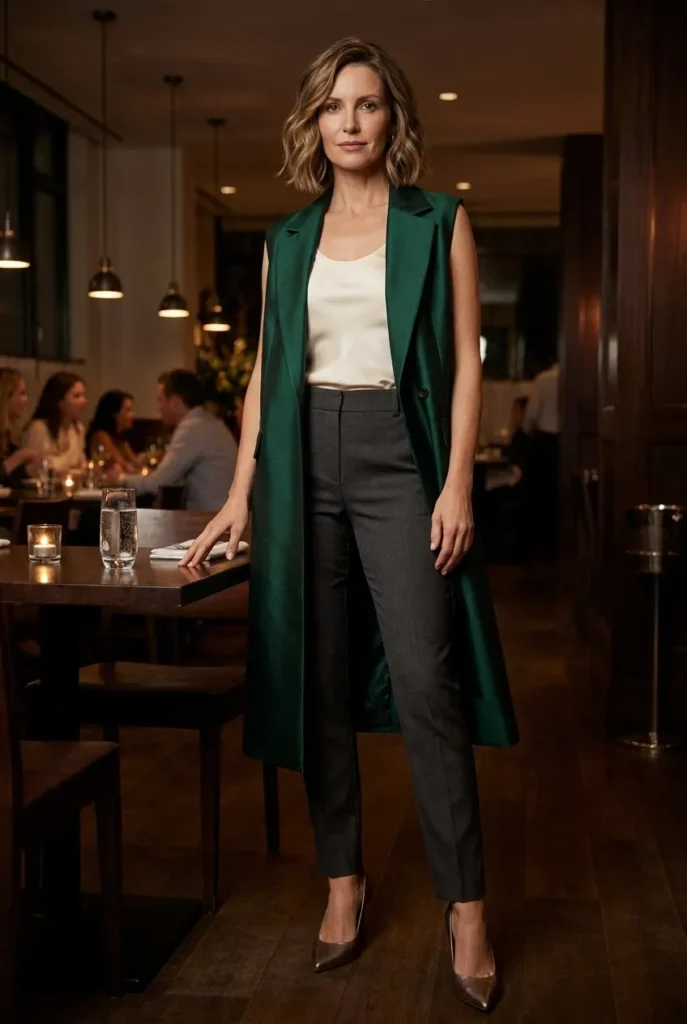 Sleek trouser for evening — deep emerald vest coat 