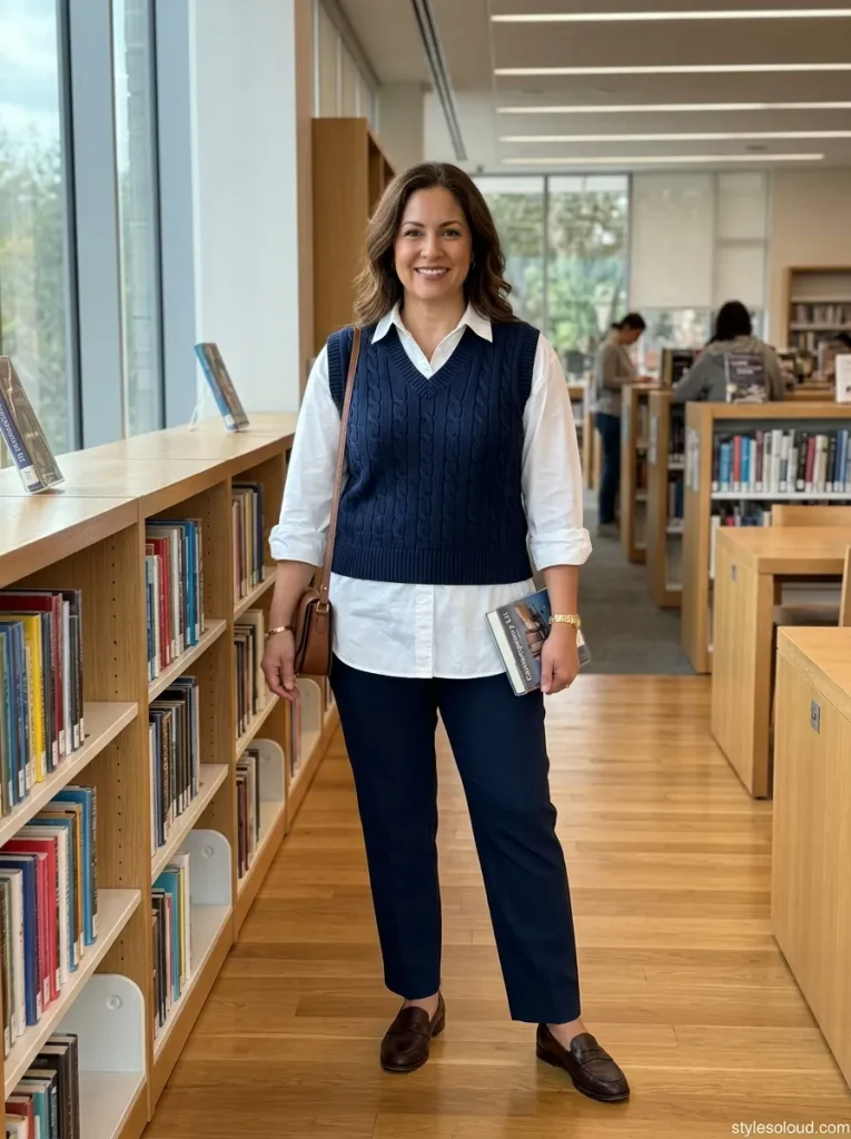 Sleeveless Knit Sweater Vest over a Crisp White Poplin Shirt