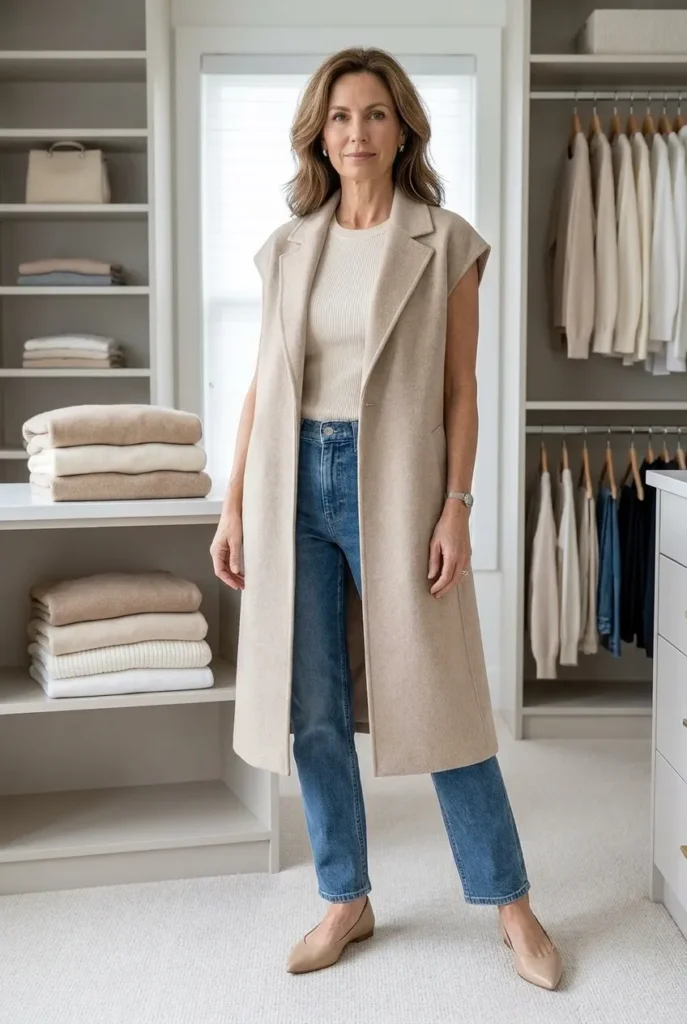 Small capsule around one vest coat — soft sand beige vest coat