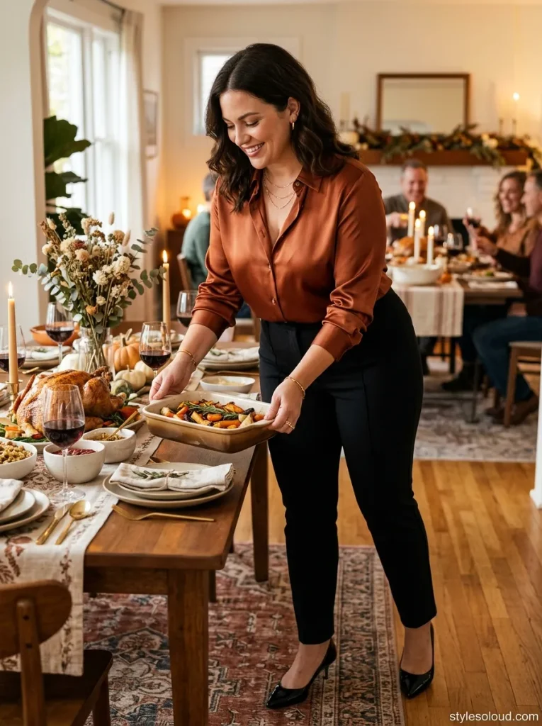 Spiced Copper Satin Button-Down Tucked into High-Rise Black Ponte Pants