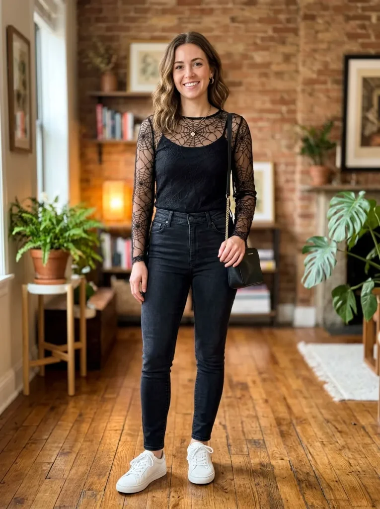 A Spiderweb Lace Top Over a Black Cami