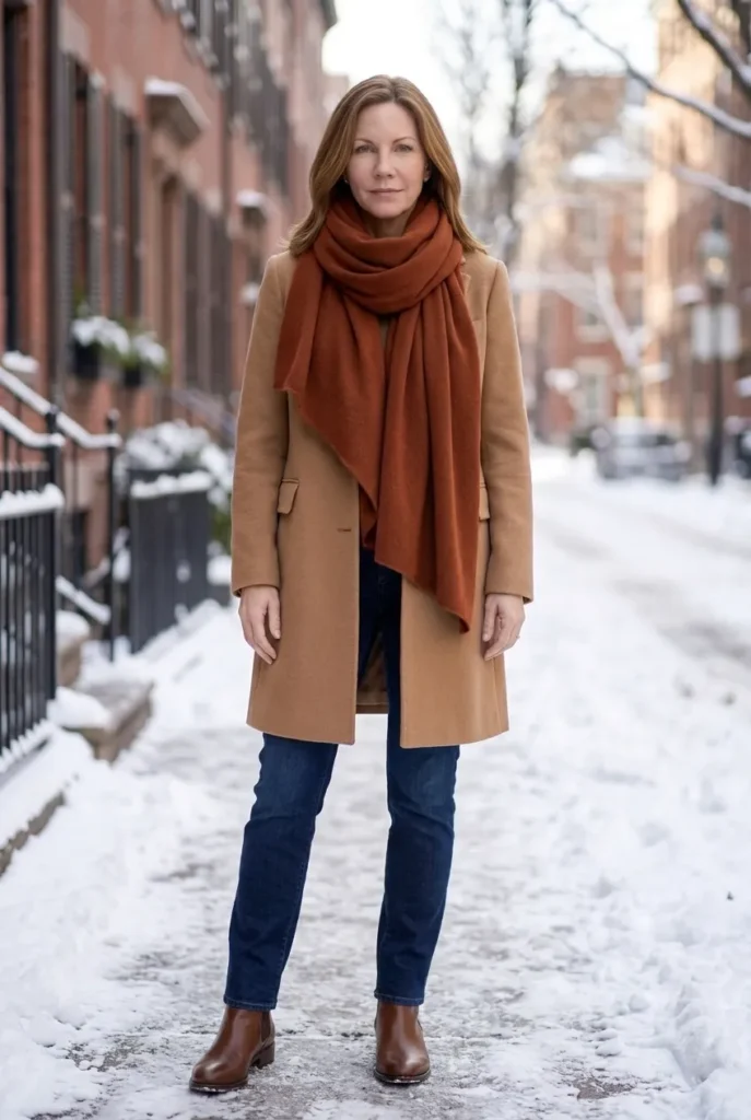 Statement scarf — rich rust, over a neutral coat Winter Outfits for women over 40