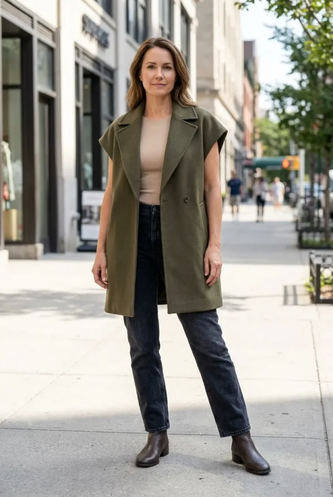 Straight-leg jeans and a boot — olive green vest coat 