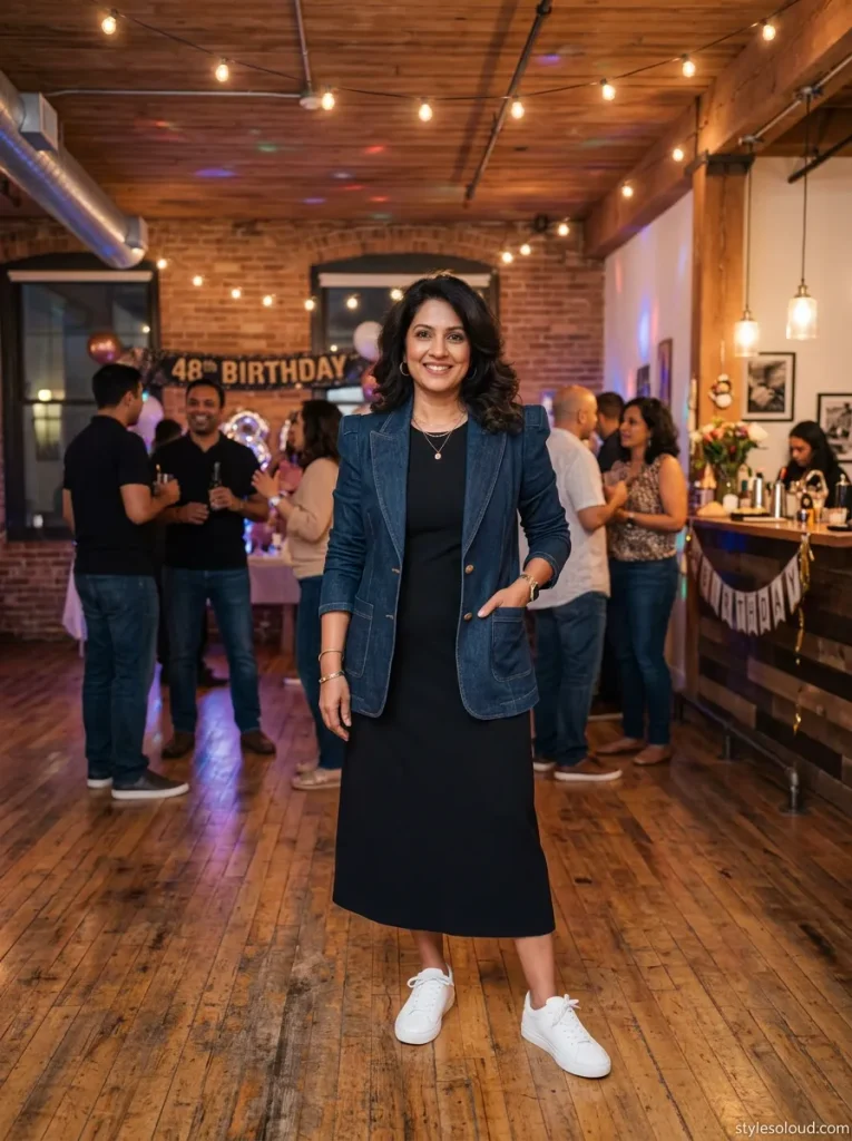  Structured Denim Blazer Over A Simple Black Midi Dress