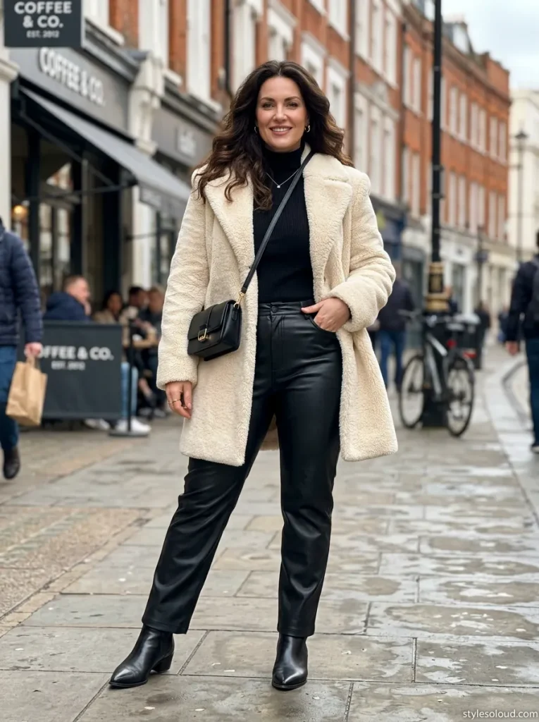 Structured Faux Shearling Coat and Faux Leather Pants