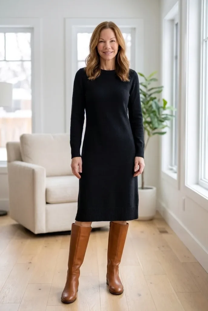Stylish flat boots — cognac knee-high, black outfit Winter Outfits for women over 40