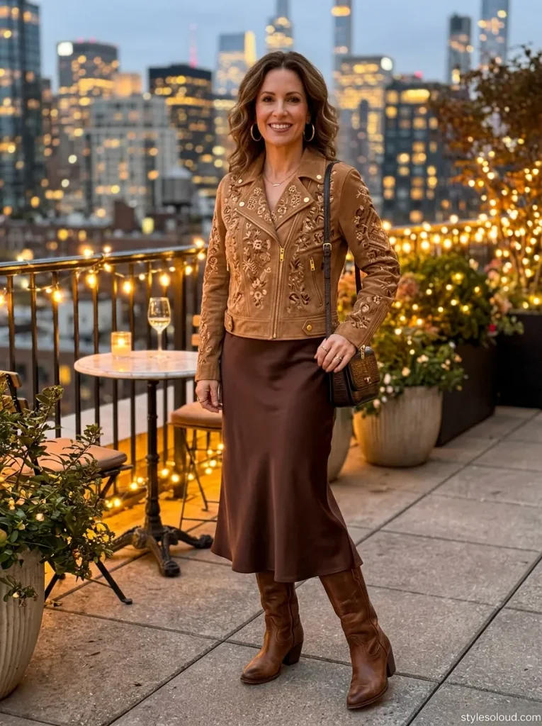  Suede Biker & Satin Midi Skirt