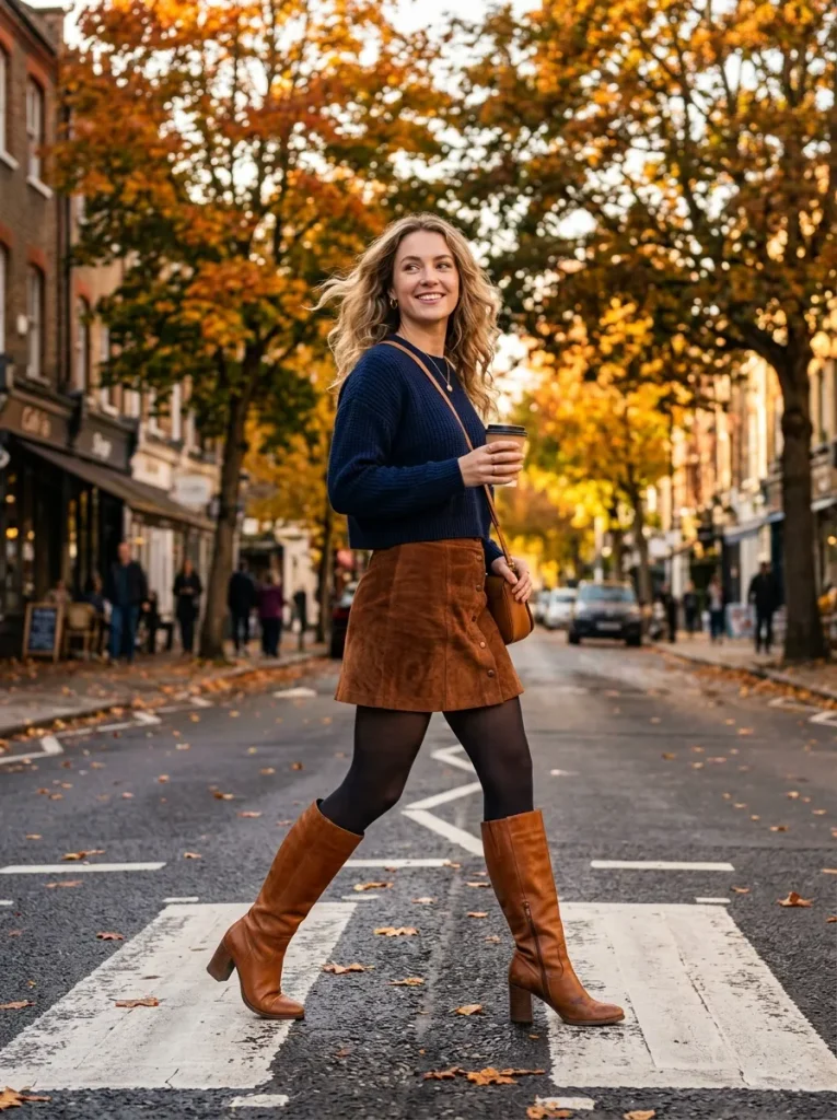 A Suede Mini Skirt With Tall Block-Heel Boots