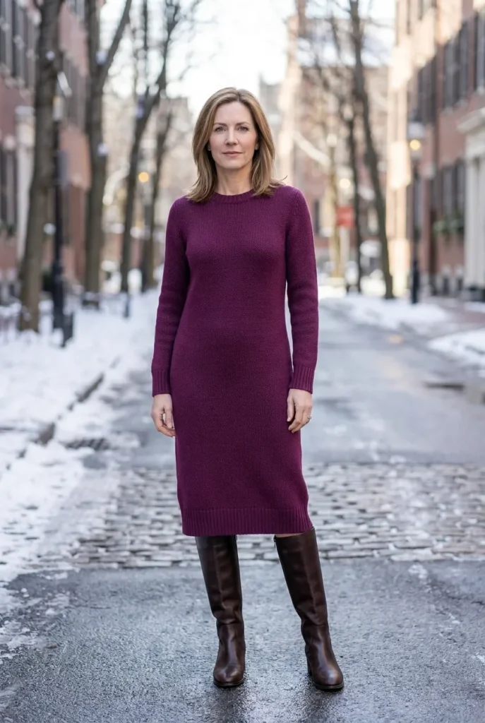 Sweater dress with tall boots — mulberry purple Winter Outfits for women over 40