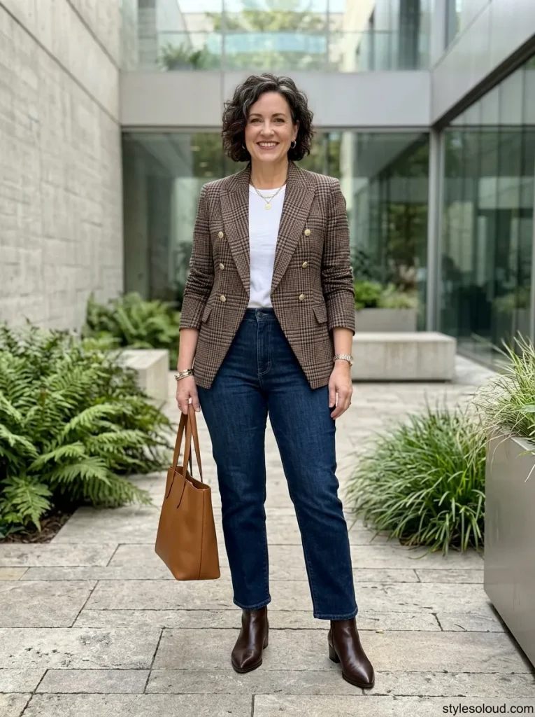 Tailored Plaid Blazer & Dark-Wash Straight-Leg Denim
