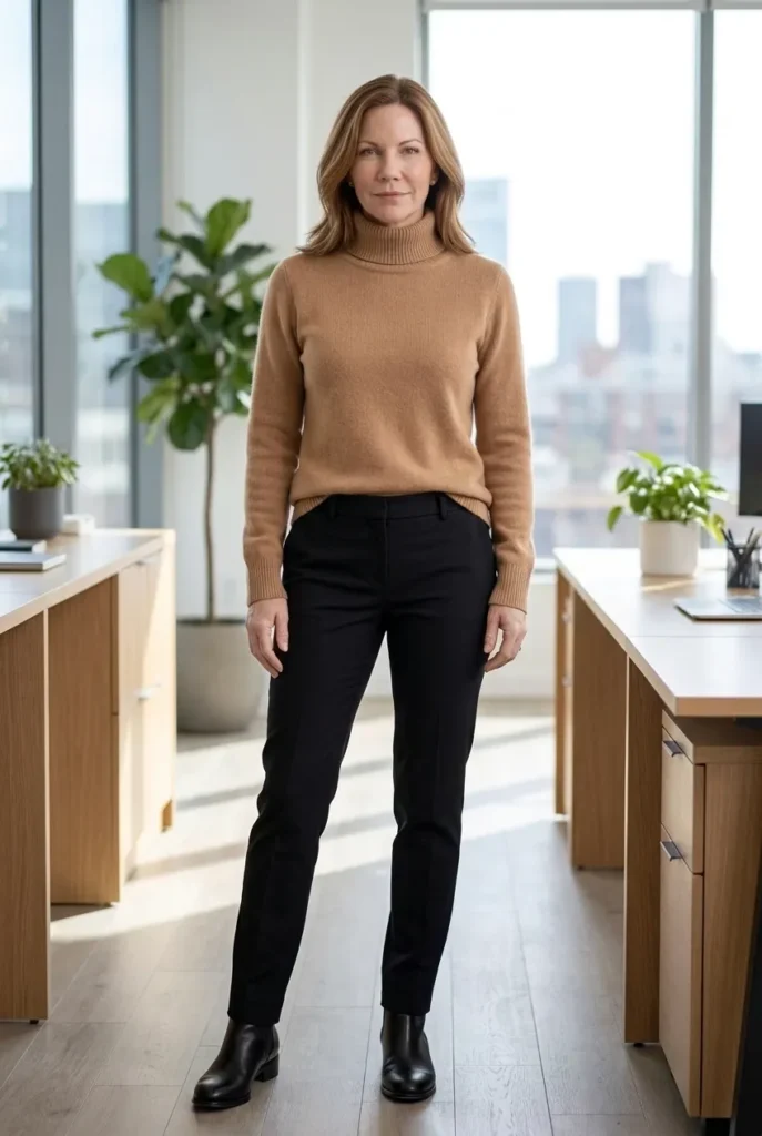 Tailored trousers with roll-neck — camel roll-neck, black trousers Winter Outfits for women over 40