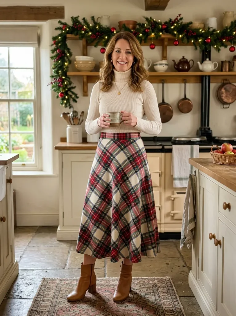 A Tartan Midi Skirt With a White Turtleneck